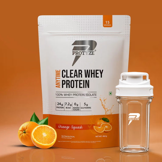 Anytime Clear Whey Protein Isolate, Orange Squash + Tritan Shaker with Breaker Ball.